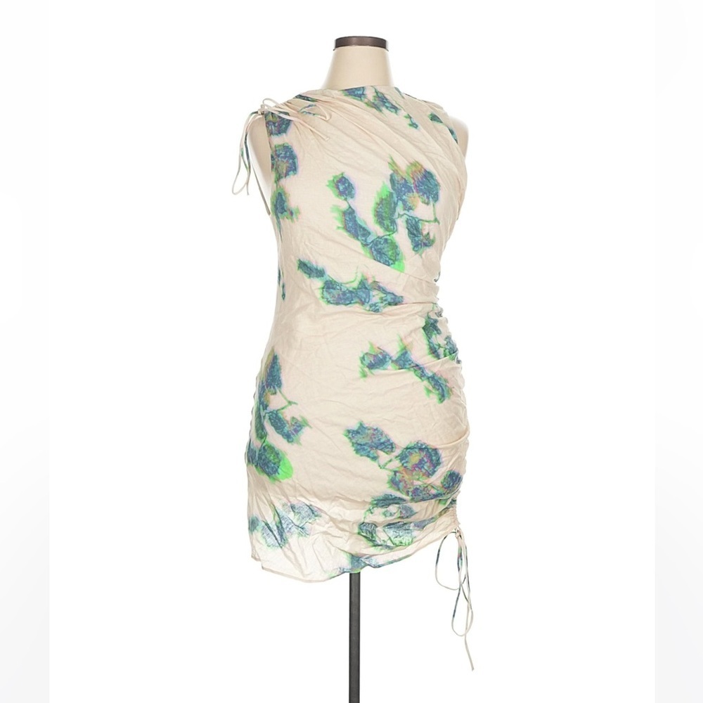 Zara Limited Edition Linen Mini Dress Ruched Oil Print Blue Cream Abstract XL - Picture 2 of 9